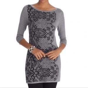 White House Black Market Tunic Gray with Black Lace Print Size XS